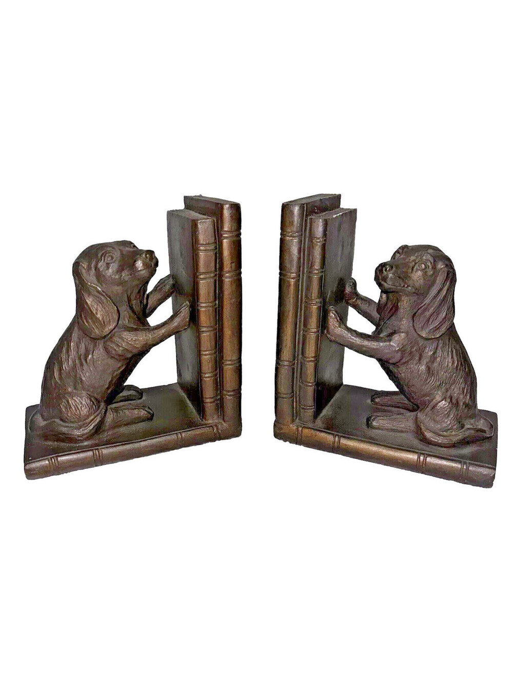 Dachshund Dog Bookend Set 6.5” High Deep Brown Color Poly Stone Library Books